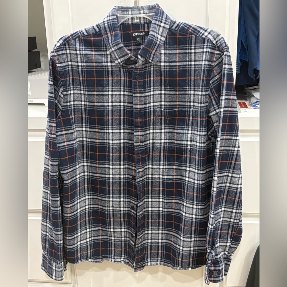 Express Men’s Navy, White & Rust Plaid Button-Down Shirt